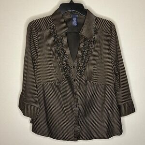 True‎ Blue Striped Ruffle Front Button Up Shirt Black Brown 3/4 Sleeve Women XL